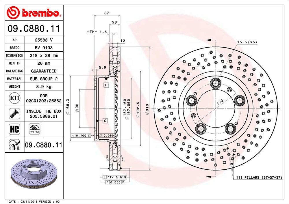 brembo ブレンボ ブレーキローター フロント用 ポルシェ ケイマン (987) 98721 H17.8～H20.10 S 3.4L_画像3