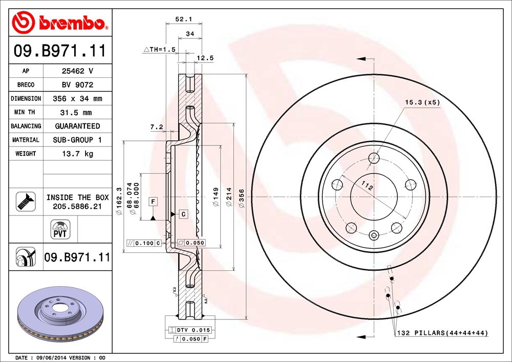 brembo ブレンボ ブレーキローター フロント用 アウディ A6 (C7) 4GCGWS H23.8～H27.7 3.0 TFSI クワトロ 1LL ATE_画像3