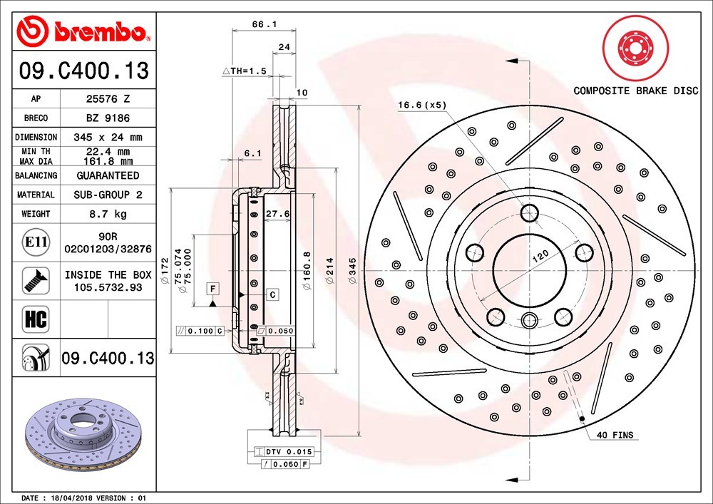 brembo ブレンボ ブレーキローター リア用 BMW 2シリーズ (F22) 2G30 2G30G H26.3～ M240i クーペ ディンプル＆スリットタイプ_画像3