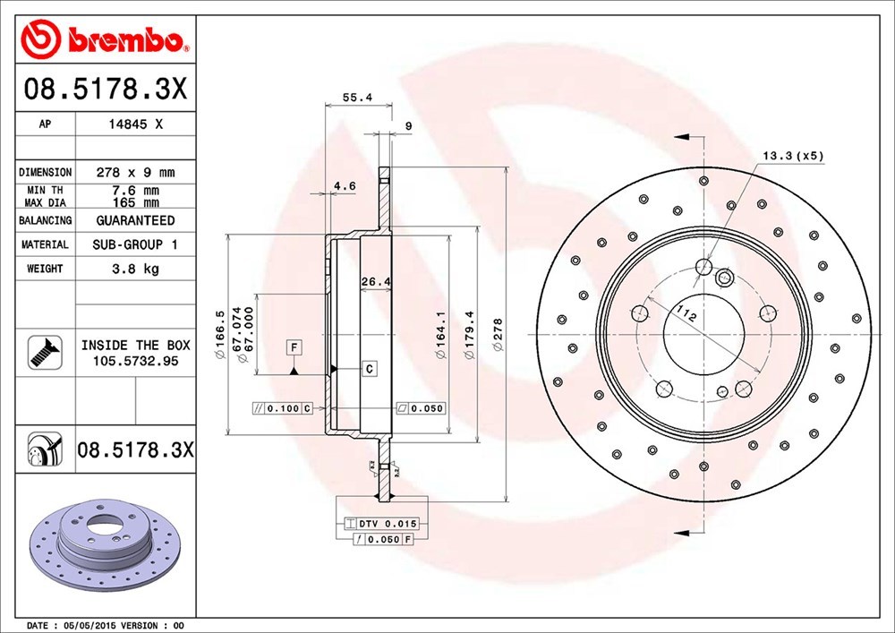 brembo エクストラブレーキローター リア用 メルセデスベンツ Cクラス (W203) 203046 H14.10～H19.6 C180 コンプレッサー 1.8L セダン_画像3