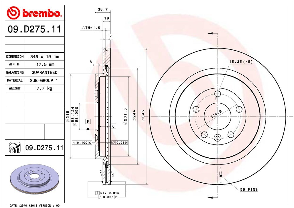 brembo ブレンボ ブレーキローター リア用 フォード エクスプローラー 1FMHK9 H25～H27 FF 2.0T 345×19_画像3