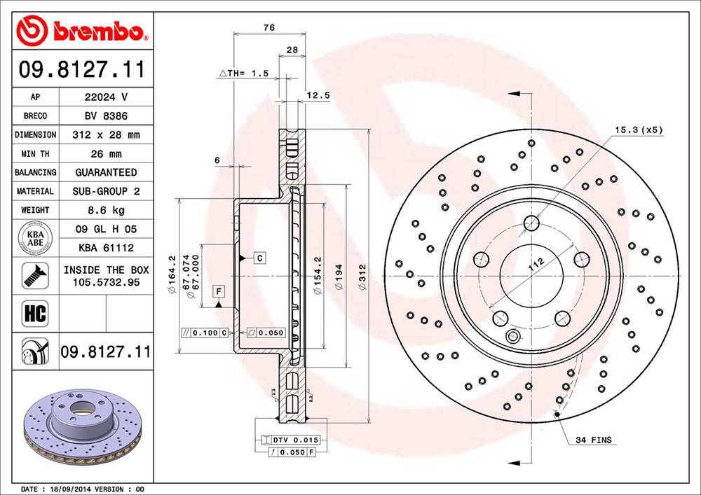 brembo ブレンボ ブレーキローター フロント用 メルセデスベンツ Sクラス (W220) 220070 H10.11～H14.9 S430 A316071～_画像3