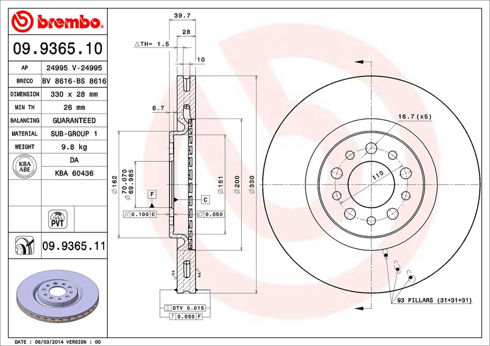 brembo Brembo тормозной диск передний Alpha Romeo Alpha 159 93922 H20.3~ 2.2 JTS TI Brembo