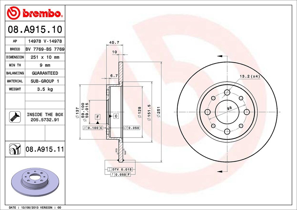 brembo ブレンボ ブレーキローター 1台分セット アルファロメオ ミト 955142 95514P H22.3～ ターボ コンペティツィオーネ/スプリント 1.4L_画像4