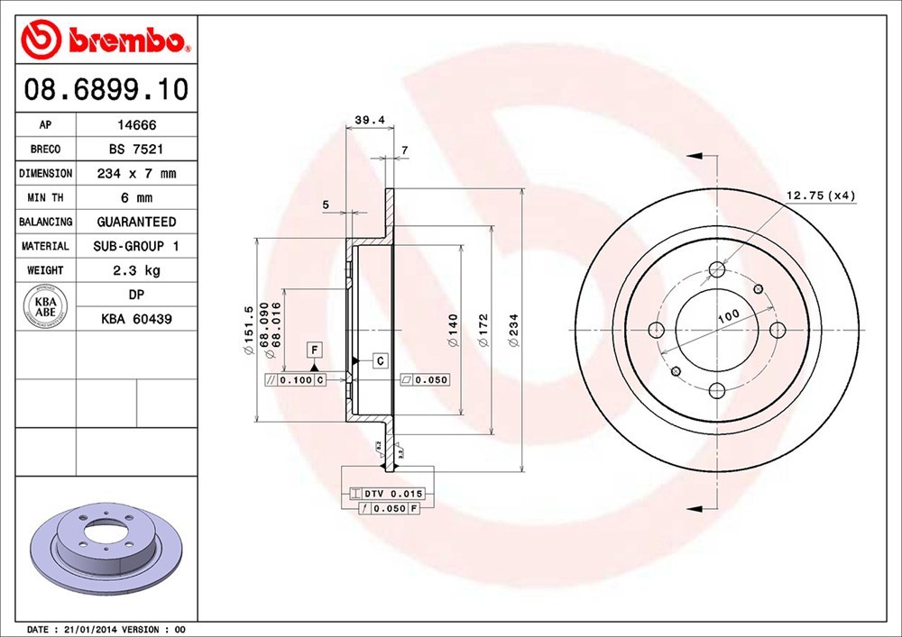 brembo ブレンボ ブレーキローター リア用 パルサーセリエS-RV FN15 H9.9～H12.8 リアディスク_画像3