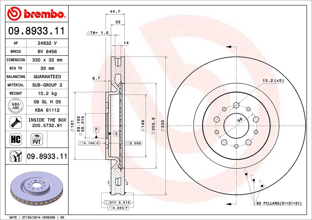 brembo ブレーキローター フロント用 アルファロメオ アルファ156スポーツワゴン 932BXB H15.11～ AT GTA 3.2L 0588973～ 右ハンドル_画像3