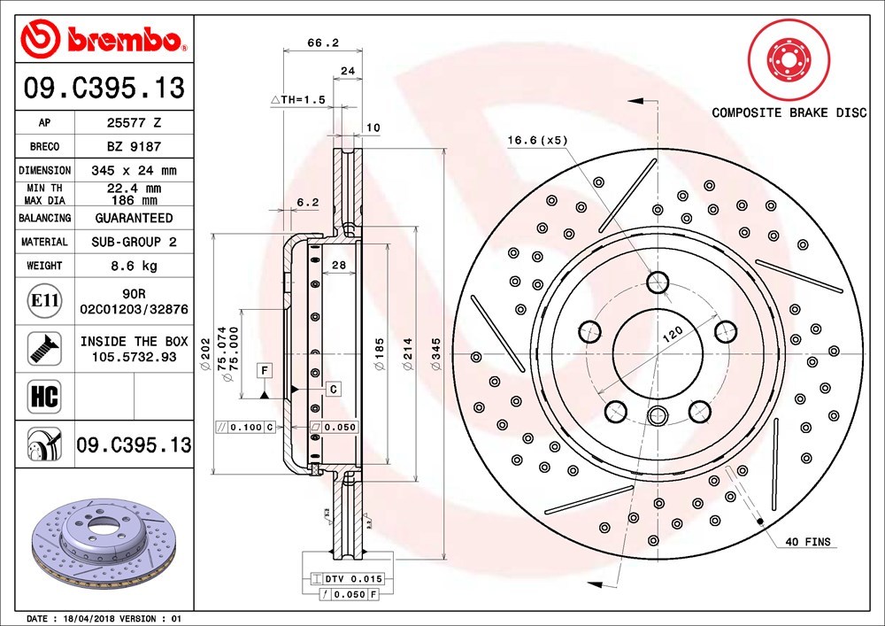 brembo ブレーキローター リア BMW 3シリーズ(F31) 3B20 8A20 H25.4～ 320i xDrive ツーリング Mスポーツ R345 ディンプル＆スリット_画像3