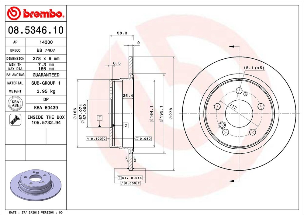 brembo ブレンボ ブレーキローター リア用 メルセデスベンツ SLクラス (R129) 129066 H1～H5.9 500SL ESP無_画像3