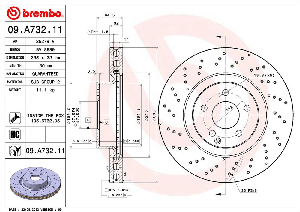 brembo ブレーキローター フロント ベンツ Sクラス(W221) 221171 H17.10～H23.7 S500L/S550L AMGスポーツ含む Rr:ソリッドディスク車_画像3