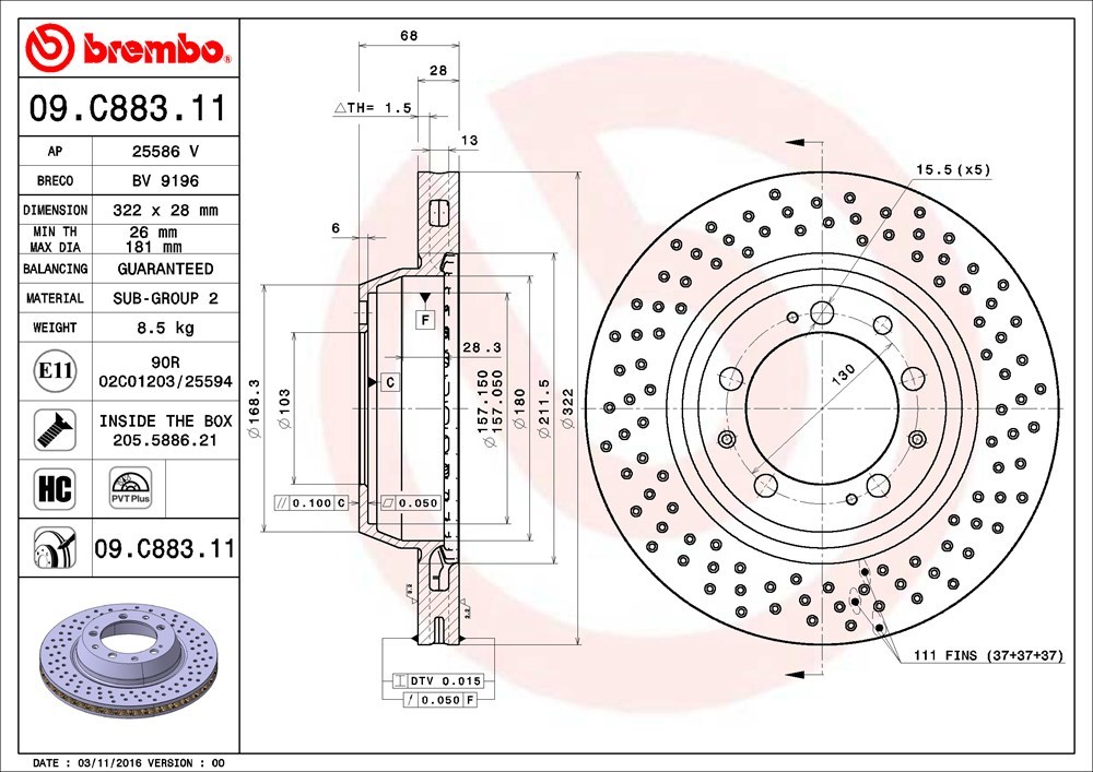 brembo ブレンボ ブレーキローター リア用 ポルシェ 911 (993) 993T H6～H10 ターボ/GT2ターボ 3.6L_画像3