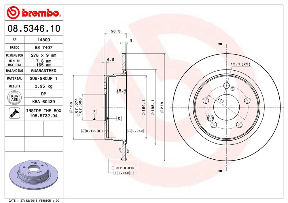 brembo ブレンボ ブレーキローター リア用 メルセデスベンツ SLクラス (R129) 129063 H6.11～H10.7 SL320 ～F125157 ESP無_画像3