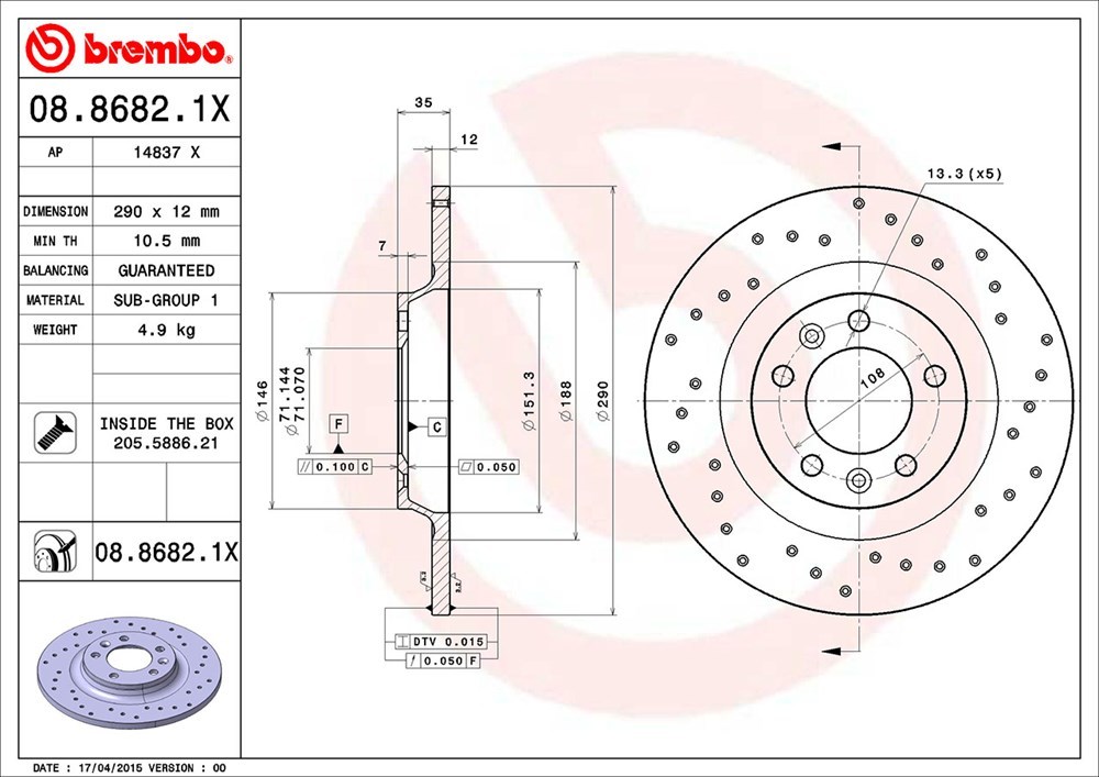 brembo ブレンボ エクストラブレーキローター リア用 プジョー 407 D2 D2Y H17.6～ 2.2 セダン_画像3