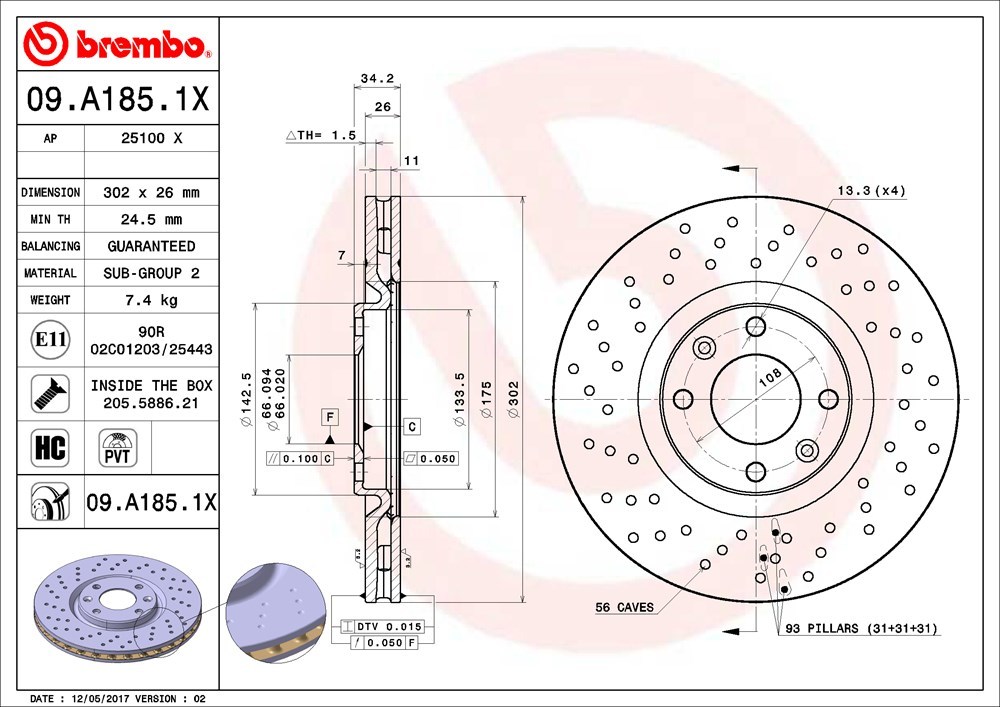 brembo エクストラブレーキローター フロント用 シトロエン DS4 B7C5F02S H23.9～ ターボ 6EGS 1.6L エレクトリックパーキングブレーキ付_画像3