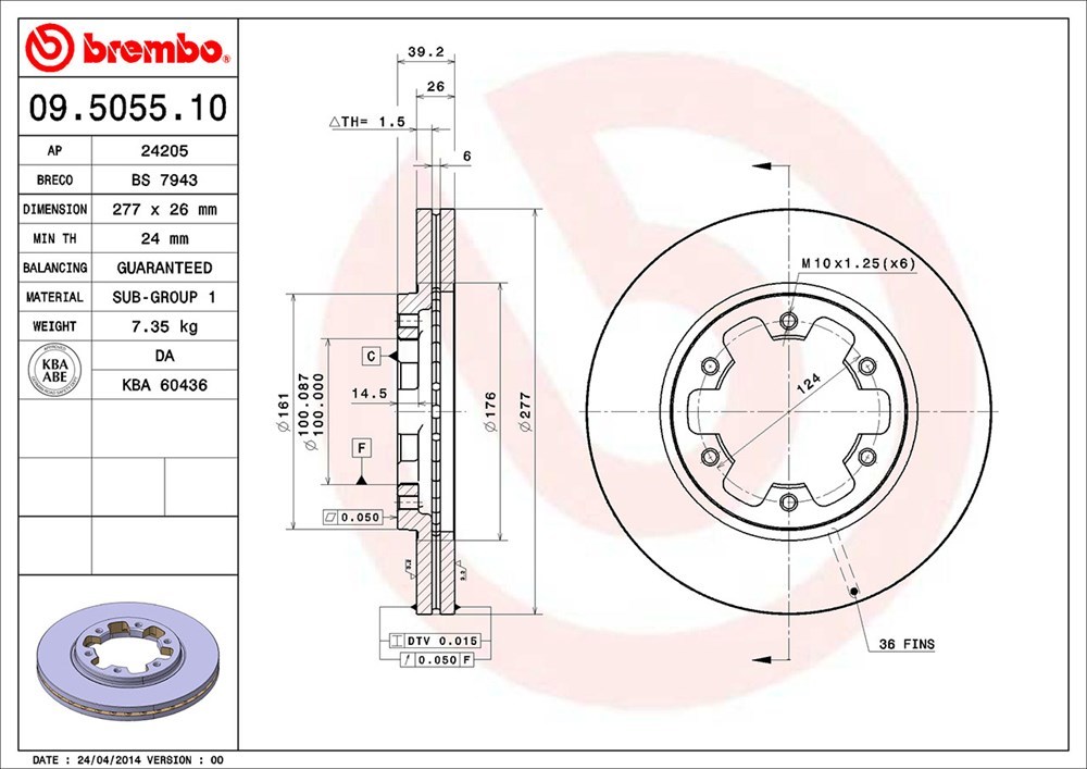 brembo ブレンボ ブレーキローター フロント用 キャラバンコーチ ARME24 ARMGE24 H2.10～H10.12_画像3