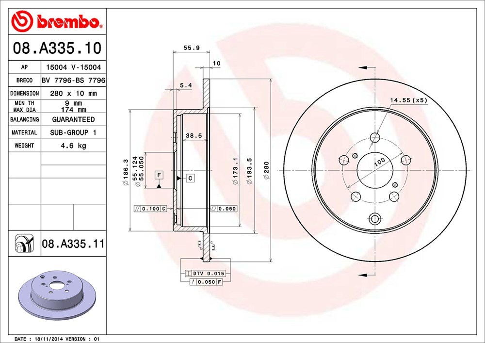 brembo ブレンボ ブレーキローター 1台分セット アベンシスワゴン AZT250W AZT251W AZT255W H15.7～H23.9_画像4