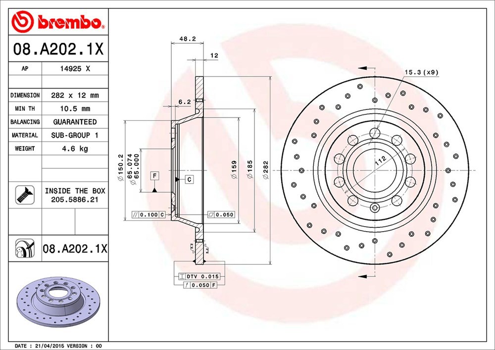 brembo ブレンボ エクストラブレーキローター リア用 アウディ Q3 8UCPSF 8UCCZF H24.5～H27.5 2.0 TFSI クワトロ 170ps&211ps_画像3