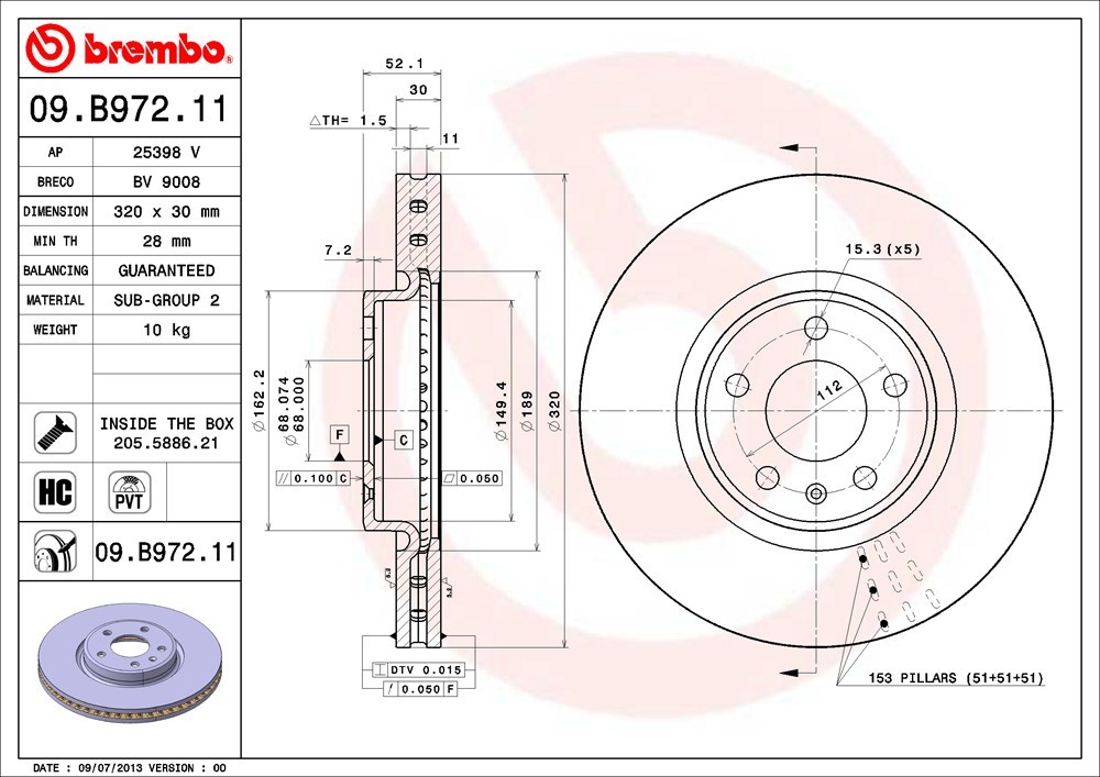brembo ブレンボ ブレーキローター フロント用 アウディ A5 (B8) 8TCALF H23.7～H29.4 3.2 FSI クワトロ 2012モデル_画像3