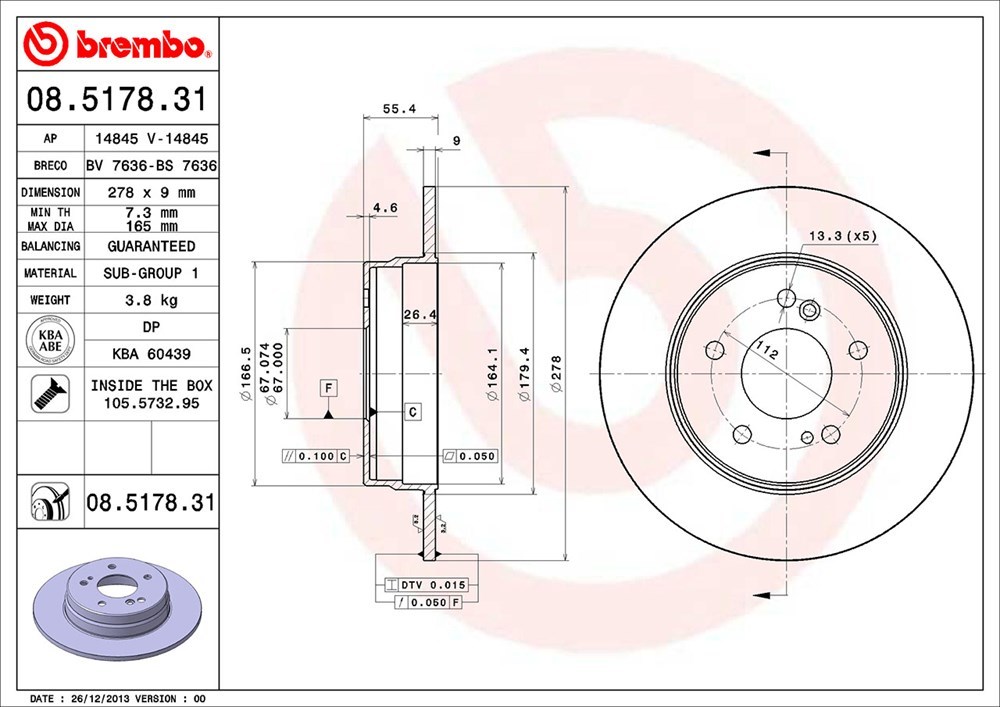 brembo ブレンボ ブレーキローター リア用 メルセデスベンツ SLKクラス (R170) 170447 170449 H9～H16.8 SLK230 コンプレッサー_画像3