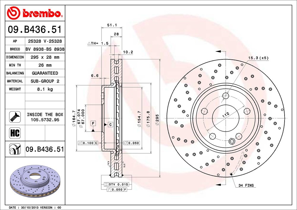 brembo ブレーキローター フロント用 メルセデスベンツ GLAクラス (X156) 156942 H26.5～ GLA180 スポーツ フロントドリルドディスク車_画像3