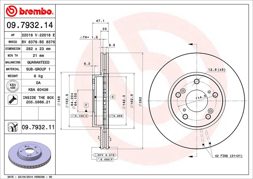 brembo ブレンボ ブレーキローター 1台分セット アコードワゴン CM2 CM3 H14.11～H20.12 24E/24EL 15インチホイール・282mmディスク_画像3