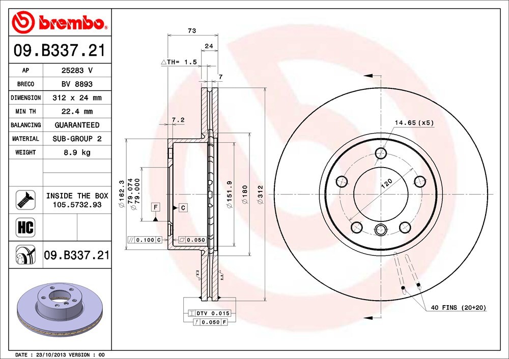 brembo ブレーキローター フロント BMW 3シリーズ(F31) 3B20 8A20 H25.4～ 320i xDrive ツーリング 標準ブレーキ車 Fr:312x24mm_画像3