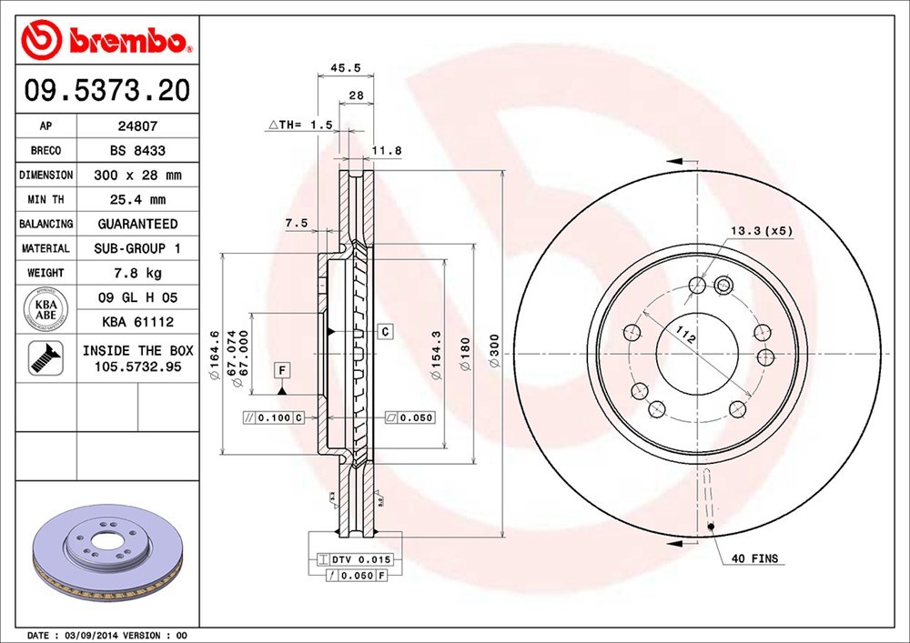 brembo ブレンボ ブレーキローター フロント用 メルセデスベンツ SLクラス (R129) 129064 H10.7～H13.9 SL320 ～F187941 ESP無_画像3