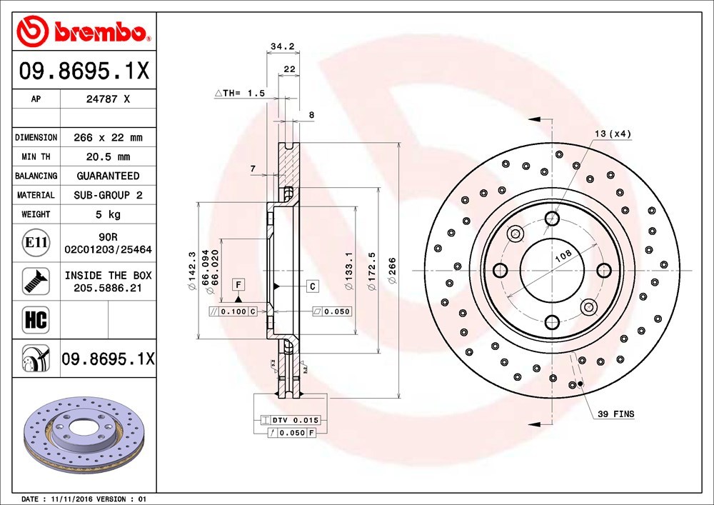 brembo ブレンボ エクストラブレーキローター フロント用 シトロエン DS3 A5CHM01 H22.5～H27.10 12バルブ 1.2L_画像3