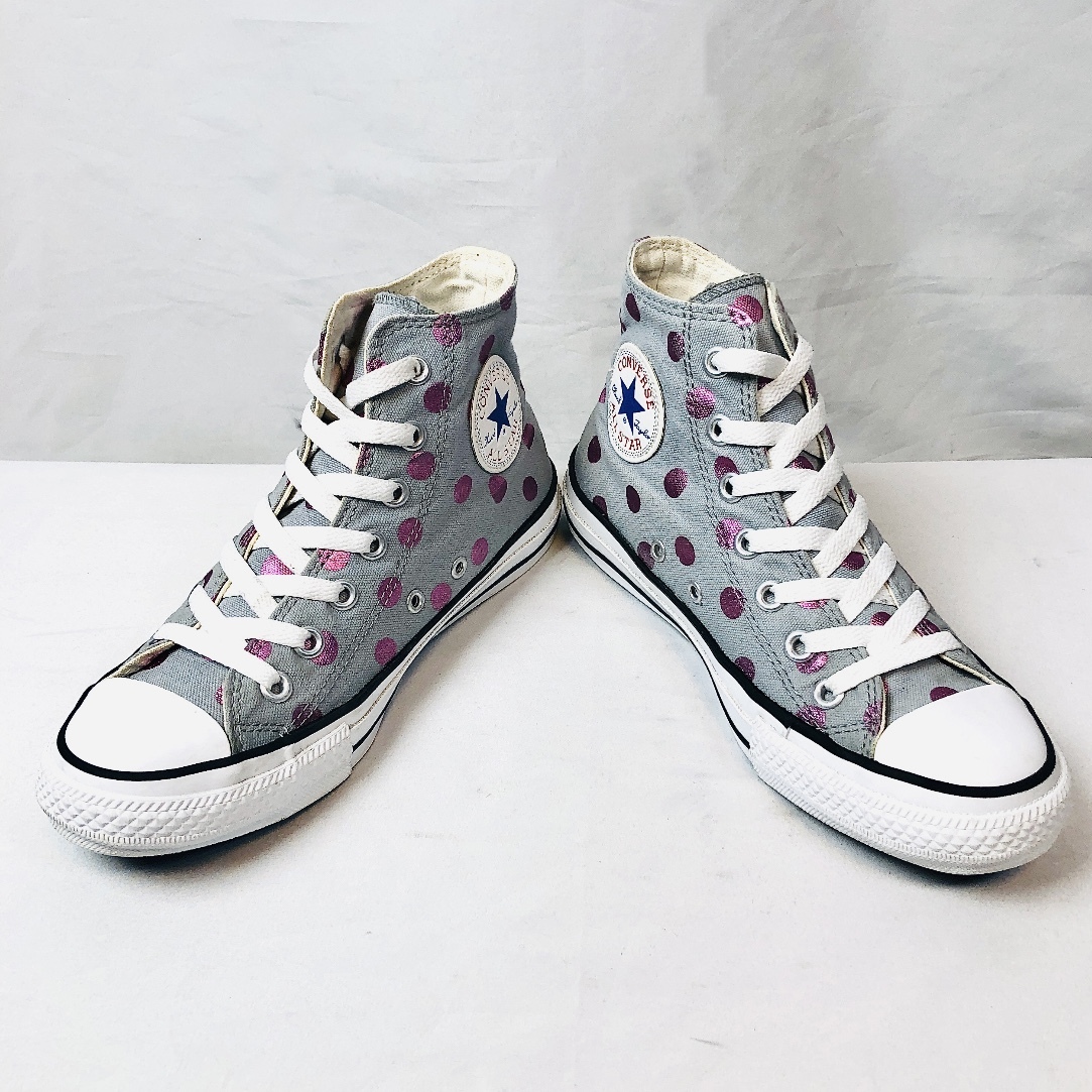 ★CONVERSE★24.5㎝ ハイカットスニーカー コンバースオールスター グレー ピンク 水玉 総柄 ドット柄 レディース 7ホールシューズS493