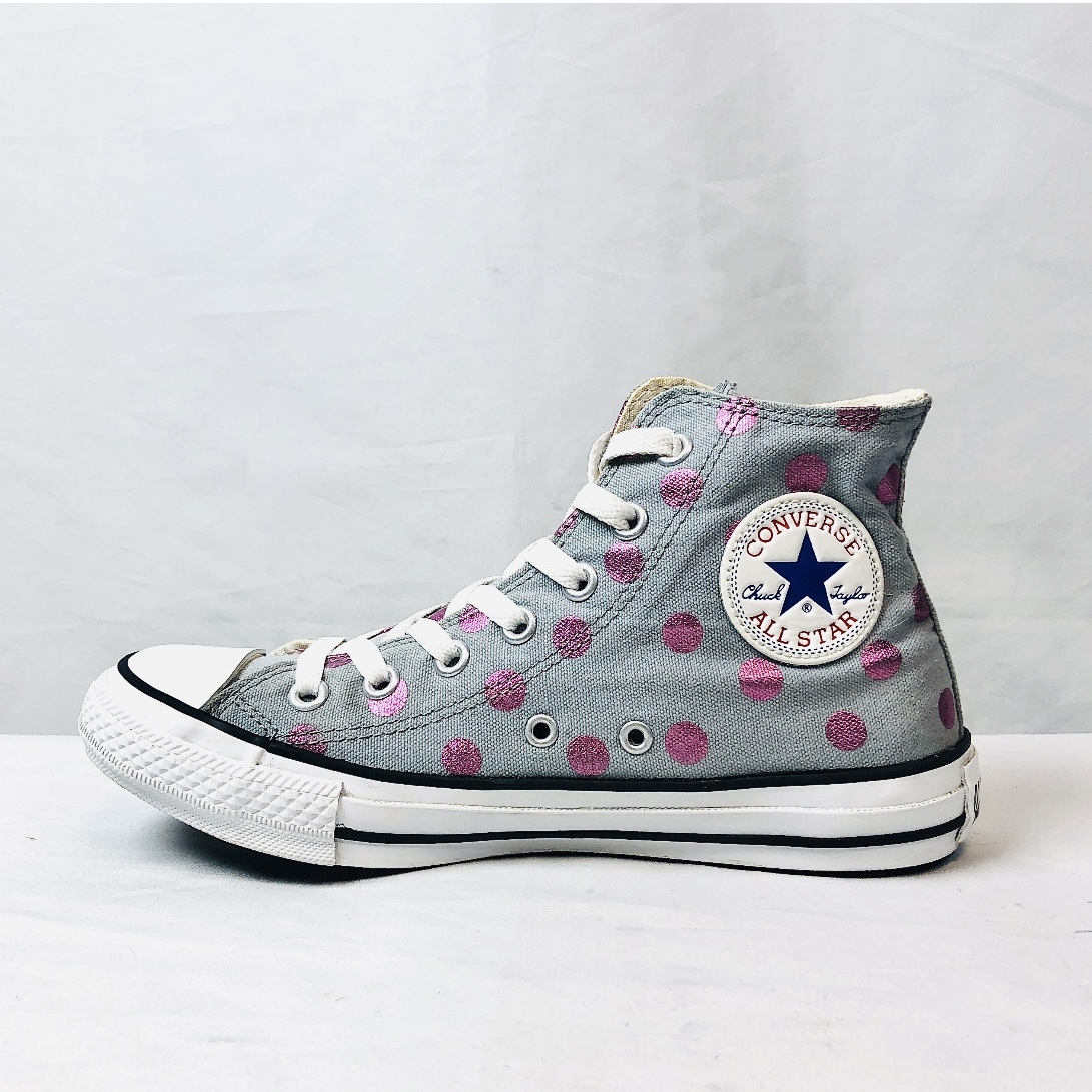 ★CONVERSE★24.5㎝ ハイカットスニーカー コンバースオールスター グレー ピンク 水玉 総柄 ドット柄 レディース 7ホールシューズS493_画像2