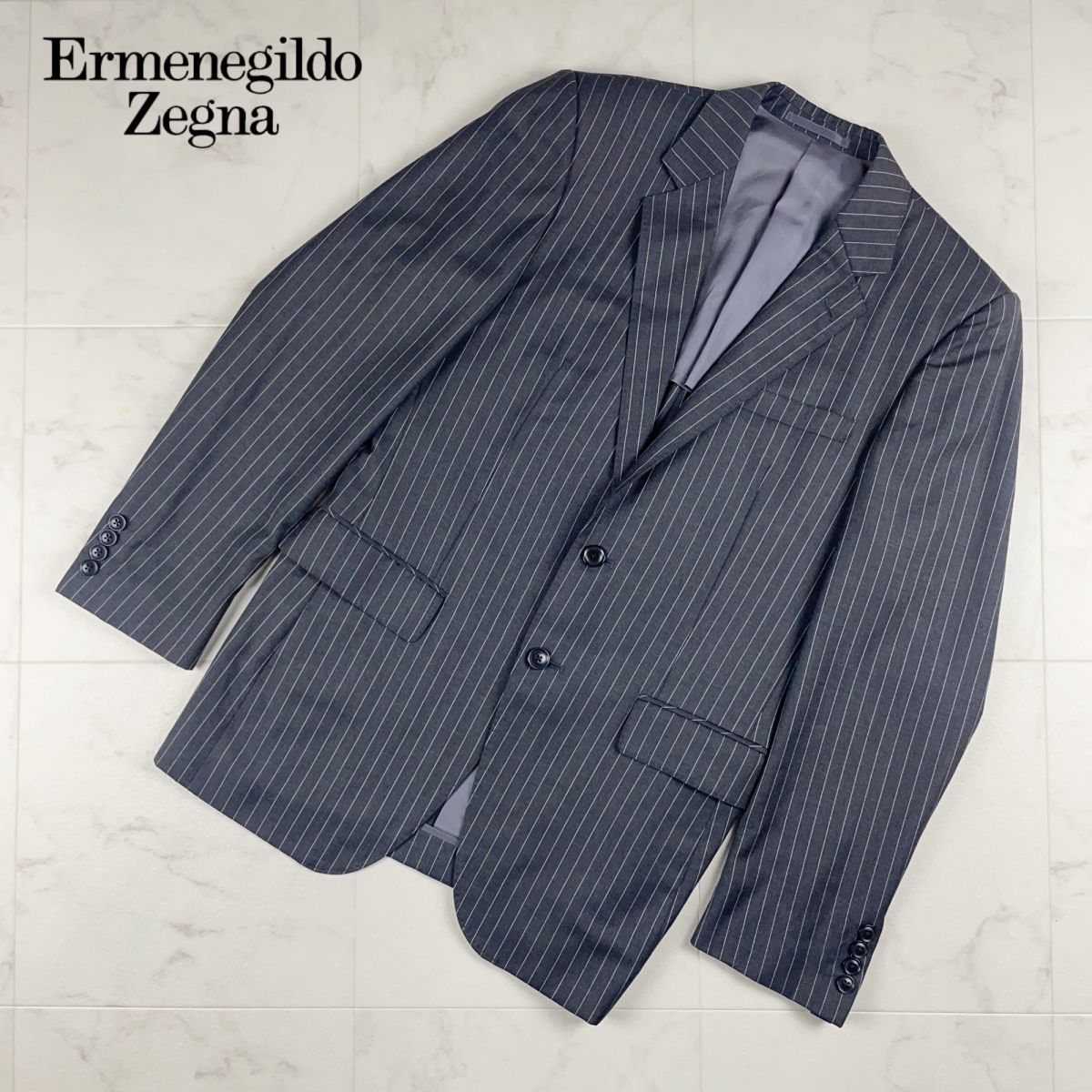 美品 Ermenegildo Zegna エルメネジルドゼニア ストライプ テーラードジャケット 総裏 メンズ ダークグレー サイズ48*DC344_画像1