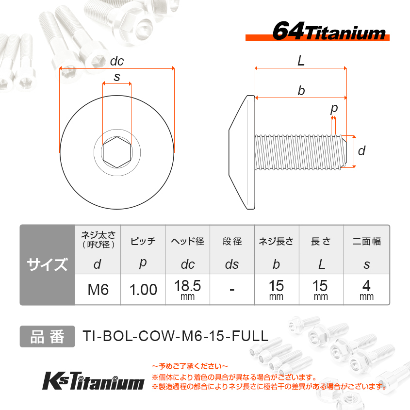 チタンボルト M6×15 全ネジ P1.0 シルバー 1本 社外カウル 自作 FRP カウル ボルト バイク レストア パーツ 64チタン_画像2