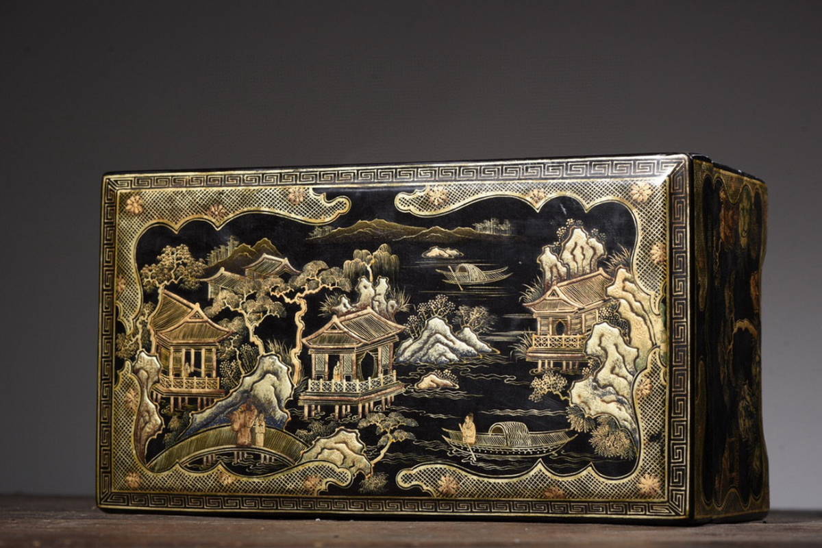 M◇明神◇極上珍品・中国・清時代・漆器彫・描金山水紋賞盤・手彫り