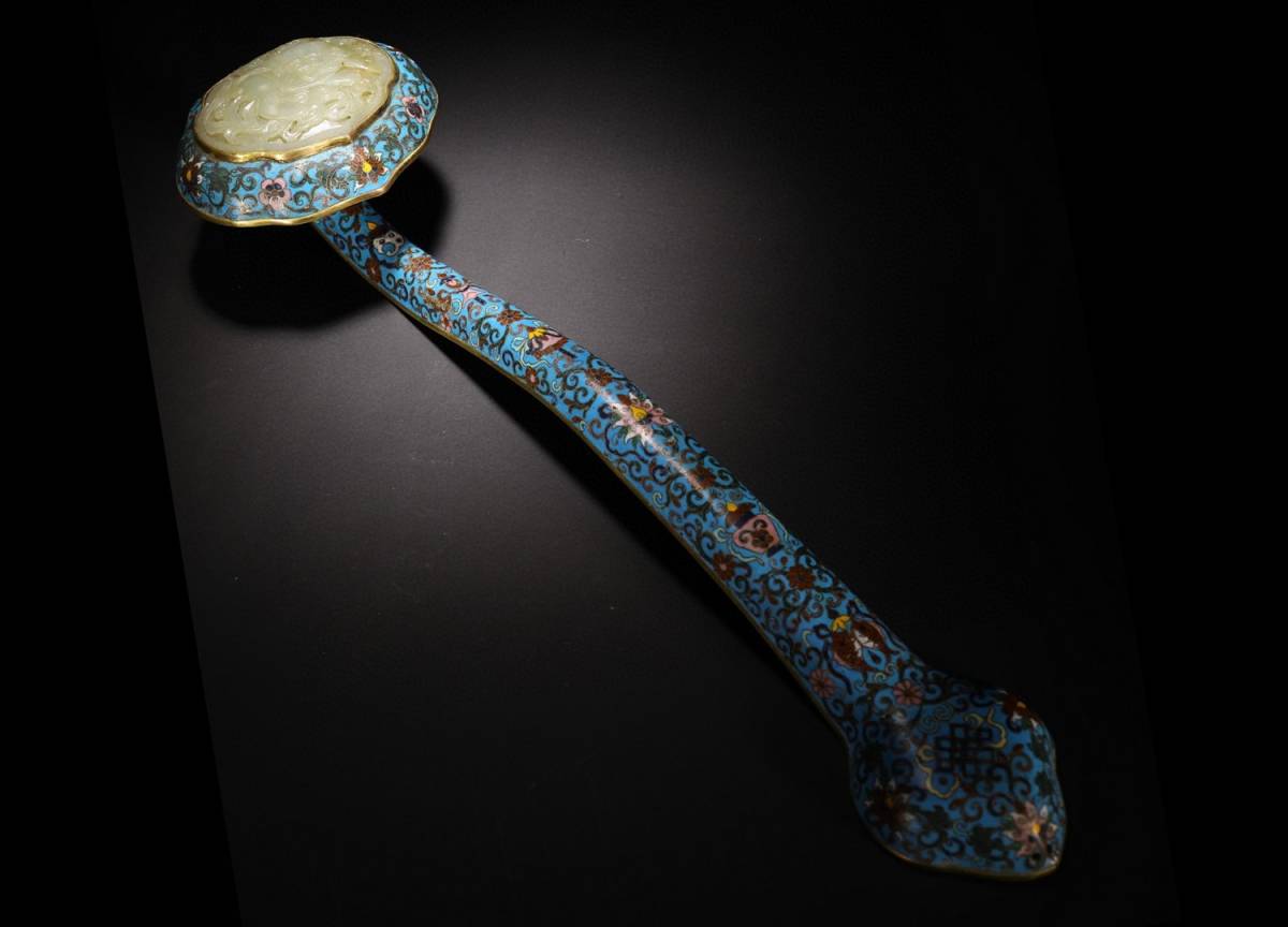 ◇明神◇極上珍品・中国・清時代・古銅金・景泰藍獅子戯球如意・金水