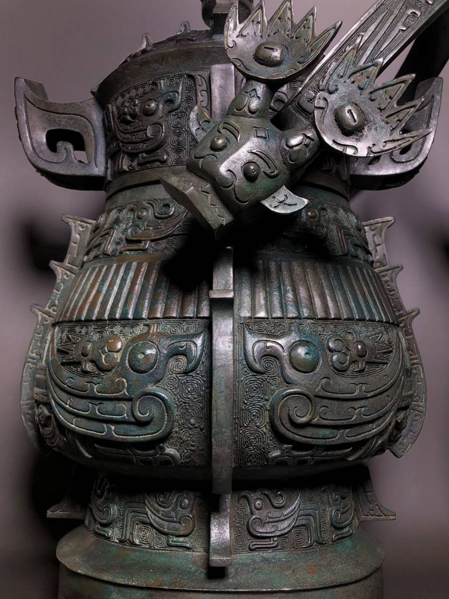◇明神◇極上珍品・中国・戦漢時代・青銅器・鳳鳥紋提梁壺一対・礼器