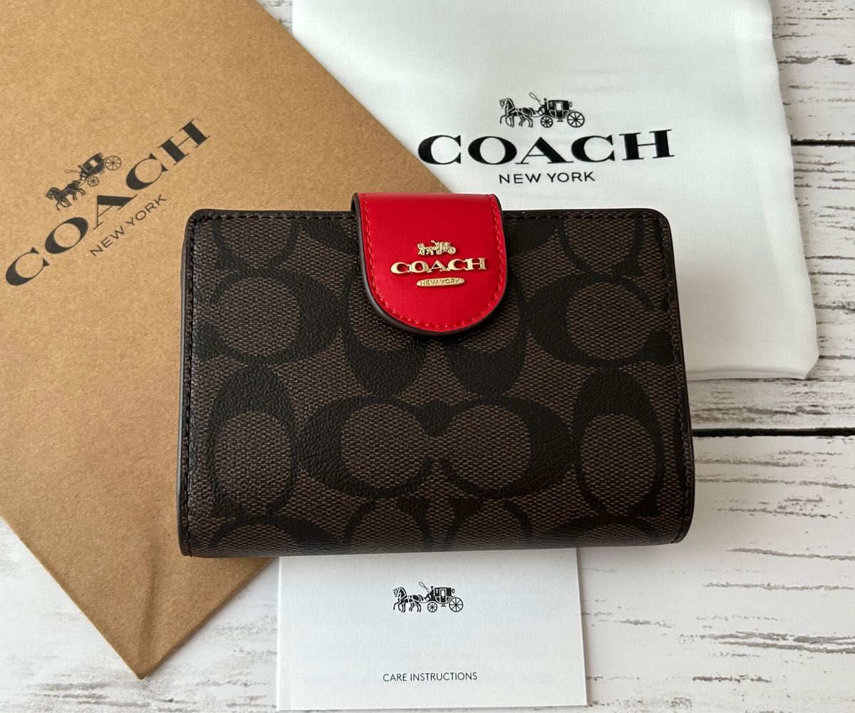 新品未使用】COACH コーチ二折財布シグネチャーブラウン レッド