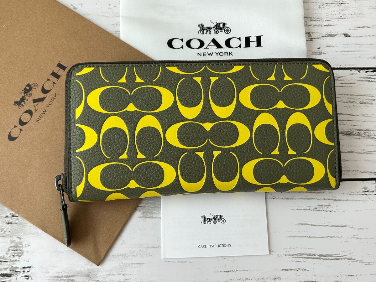 新品未使用】COACH コーチ長財布 シグネチャーモスグリーンイエロー