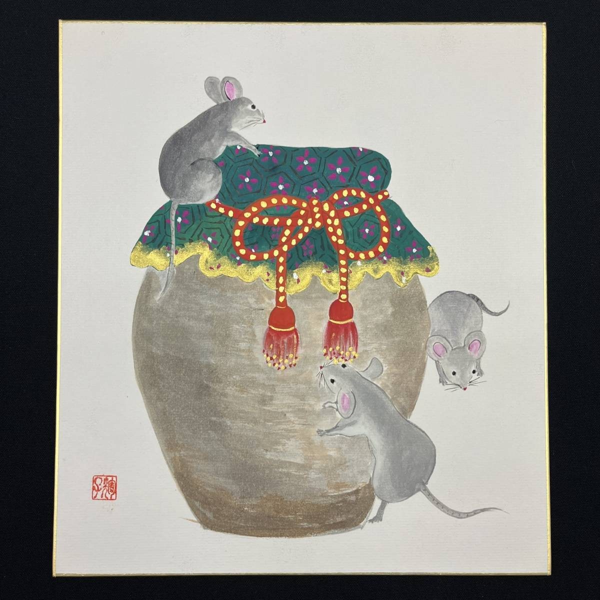 【 色紙絵 ６枚セット / 正子 】 猿 羊 竜 鼠 蕪 壺 日本画 肉筆 印有 サイン有_画像8