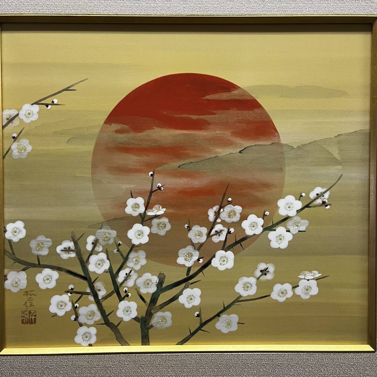 【額装】絵画 日本画 「陽と桜」 サインあり 印あり_画像2