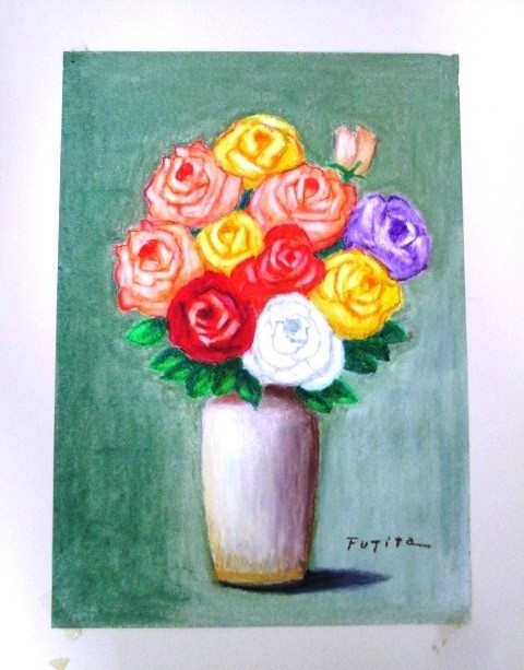  crayon picture [ Mashiko .. ..5 color. rose ] wistaria rice field Saburou other 1 sheets equipped frame amount 53.×68.