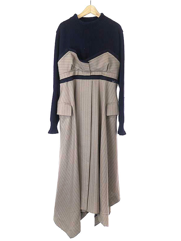 sacai サカイ 22AW Wool Knit x Chalk Stripe Dress ニットドッキングドレスワンピース ネイビー×ベージュ系 サイズ:3 レディース【TLS】