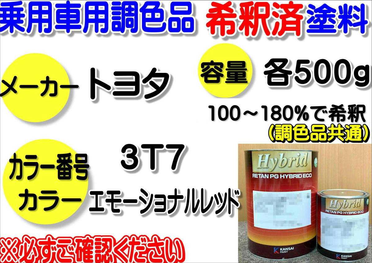 （在庫あり）ハイブリッド塗料 計量調合品 トヨタ　3T7 エモーショナルレッド 各500g 調色品　小分け　希釈済み　全国送料無料_画像1