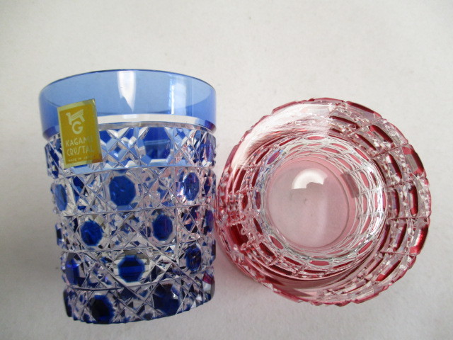 カガミクリスタル 冷酒グラス ブルー、ピンク65cc 2個 江戸切子 八角籠 