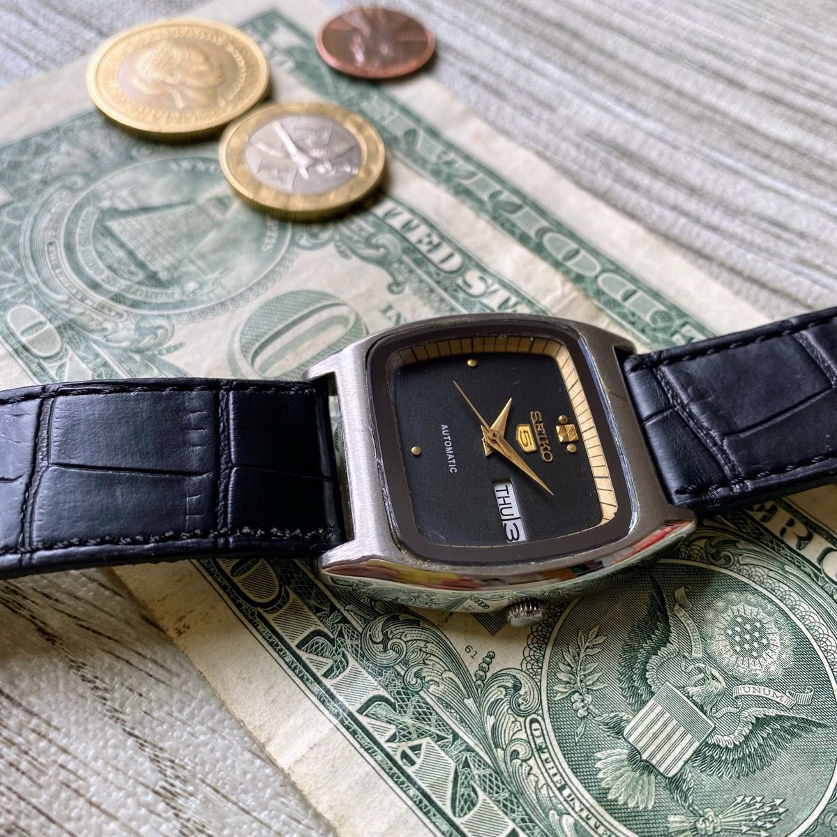【スクエア】セイコー5 メンズ腕時計 ブラック 自動巻き ヴィンテージ