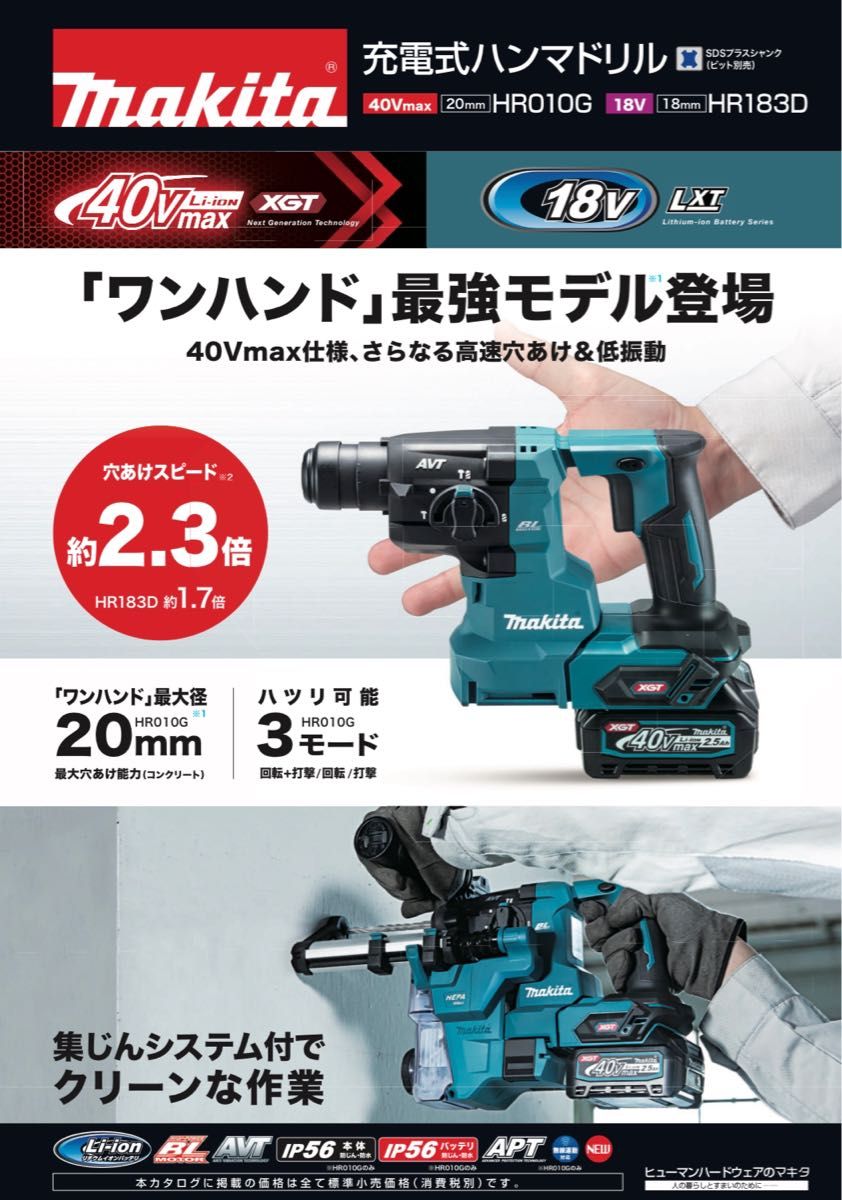 【送料込み！新製品！】マキタ 40Vmax充電式ハンマドリル HR010GRDX フルセット品(バッテリ×2個・充電器・ケース付)