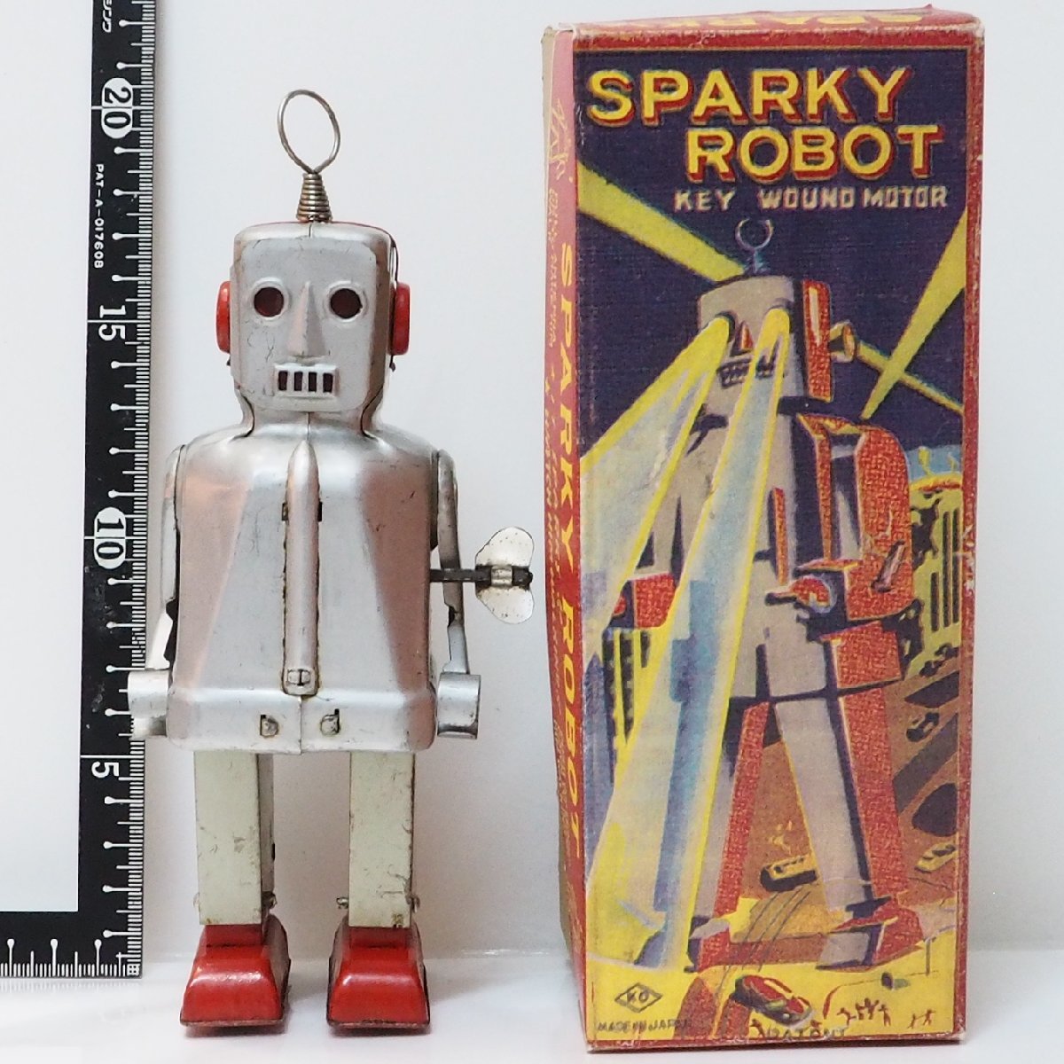 KO【SPARKY ROBOT スパーキーロボット ゼンマイ歩行 ペイント無し】当時物 ブリキ製ロボット TIN TOY 昭和レトロ■吉屋【箱はコピー】0544