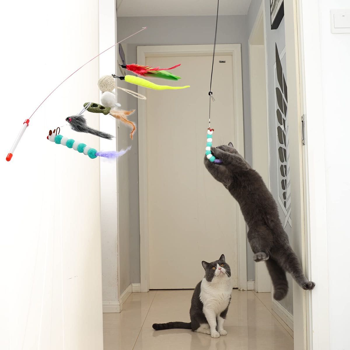 猫じゃらし ハンギングドア猫用おもちゃ9個セット 遊び方 鳥羽猫スティック猫マウスおもちゃと自動交換可能なおもちゃ 