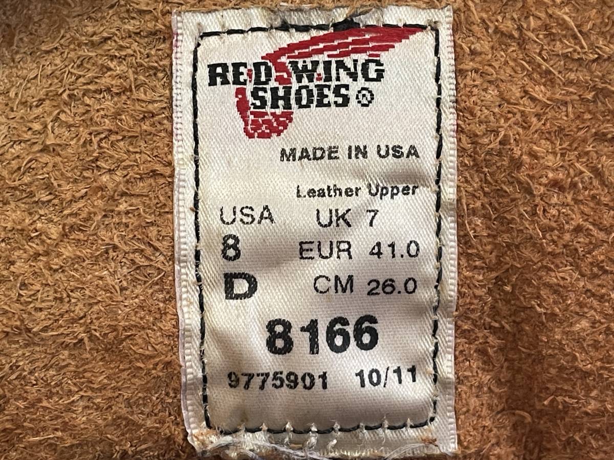 ＵＳＥＤ　レッドウィング　RED WING　8166　プレーントゥ　ブーツ　サイズ８D　26.0cm　USA製　10/11_画像10