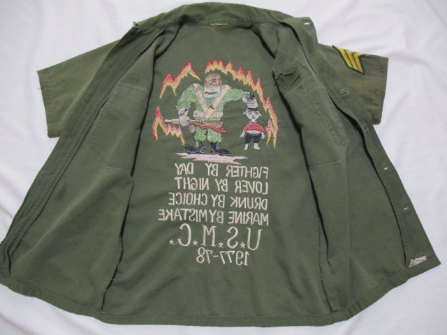 US ARMY アーミー リメイク バック刺繍 半袖 アーミーシャツ カーキ Sぐらい ビンテージ_画像3