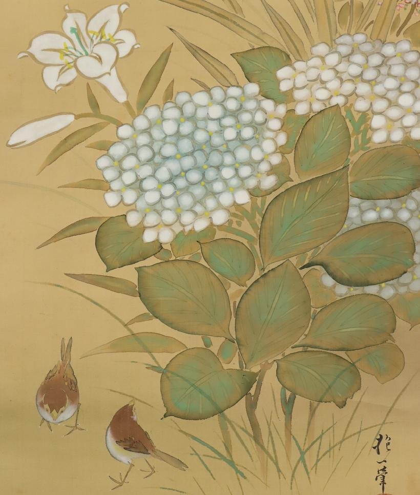 【模写】◆酒井抱一◆花鳥図◆紫陽花◆日本画◆絹本◆掛軸◆s278_画像4