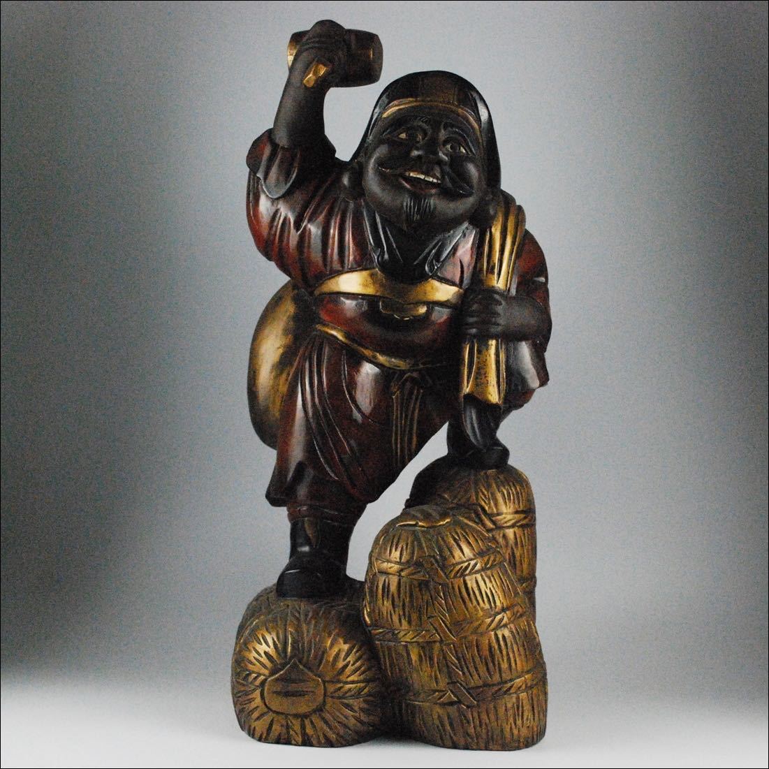 時代木造 無垢 金彩色 木彫 大黒天像 仏像 飾物 縁起物 古美術品 高